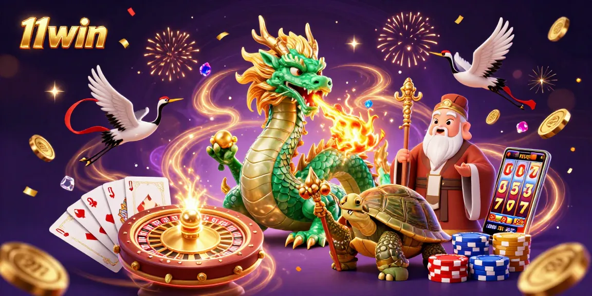 Experience thrilling excitement at 11win with a vibrant illustration featuring a jade dragon, lucky cranes, and cascading coins.