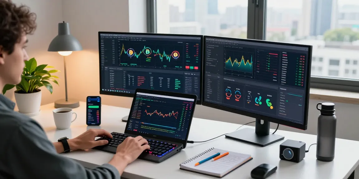 Hitpaw Edimakor auf einem modernen Arbeitsplatz mit Kryptowährungs-Tools, Bitcoin- und Ethereum-Charts, digitalen Wallets und Handelssystemen.