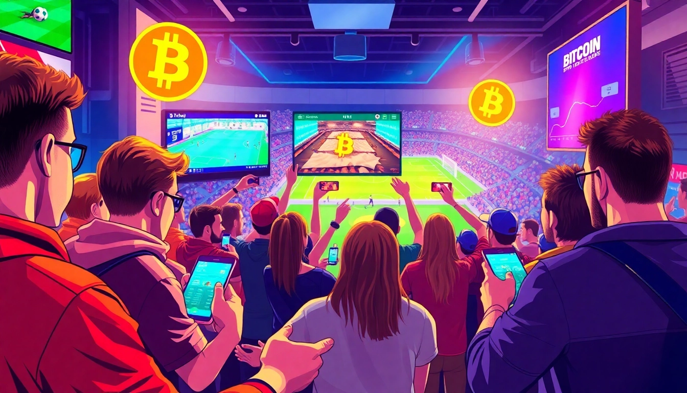 Experience the thrill of Bitcoin sports betting with fans engaging in live betting during a major sporting event.