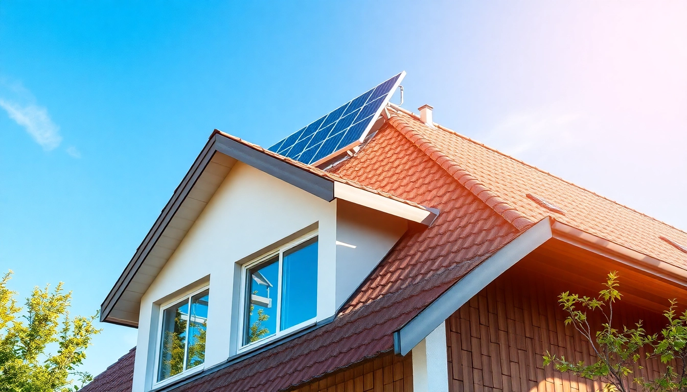 Visualisieren Sie die Montage einer Photovoltaikanlage kaufen Montage inklusive auf einem modernen Hausdach, umgeben von Natur.