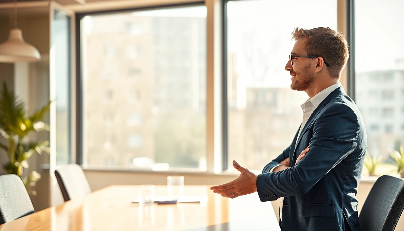 Beratungsszene zur Personalvermittlung mit einem Personalvermittler und einem Klienten in einem hellen Büro.