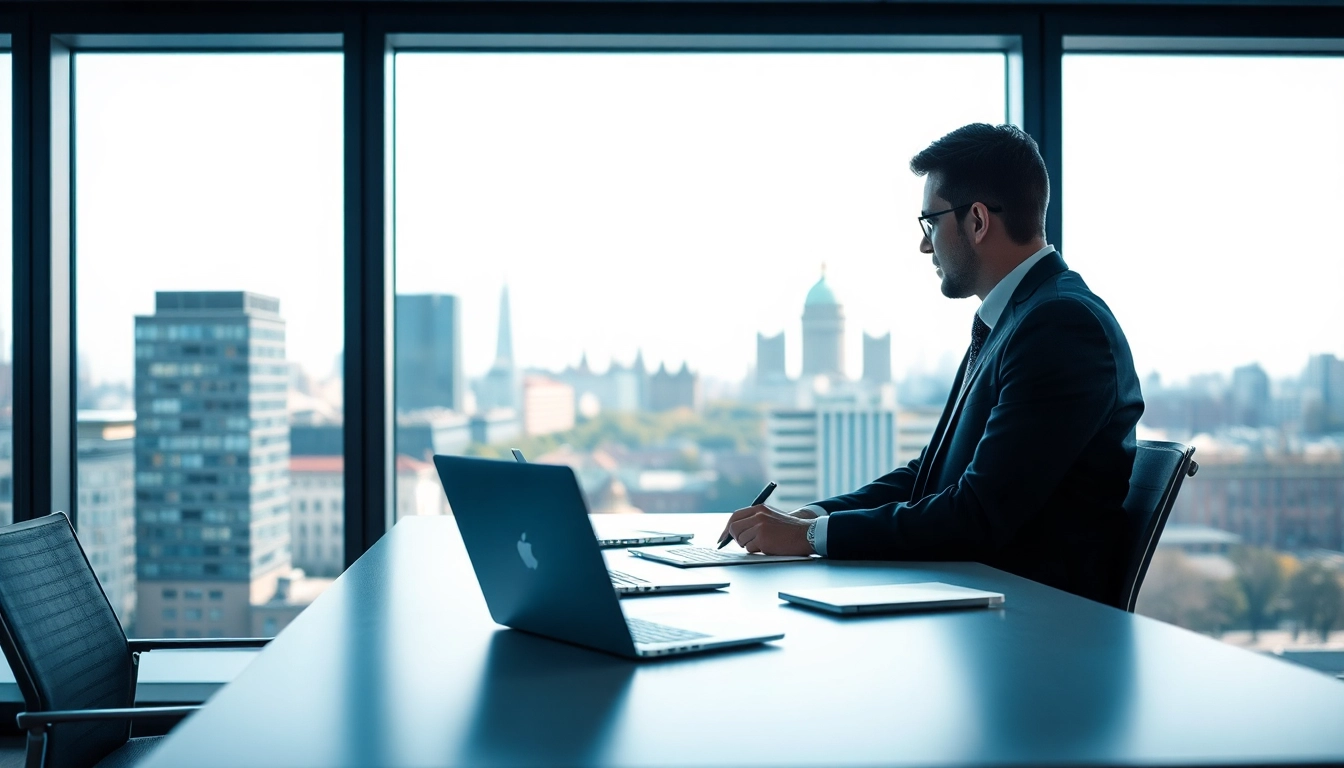 Fachkundiger Headhunter Berlin bei der Arbeit, umgeben von Notizen und Skyline.