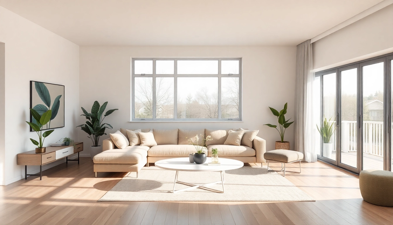 Moderne Raumgestaltung in einem eleganten Wohnzimmer mit neutralen Farben und stilvollen Dekorationen.