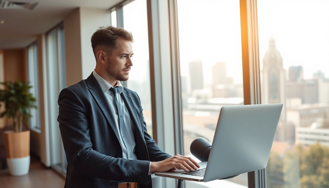 Hochmotivierter Headhunter Frankfurt in modernem Büro, der auf einen Laptop schaut.