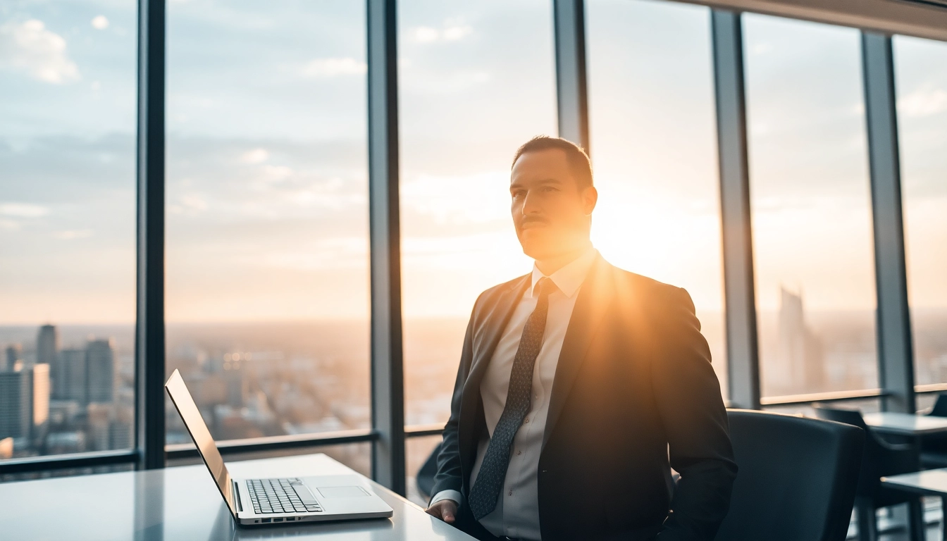Professioneller Headhunter IT bei der Arbeit in modernem Büro mit Lebensläufen und Laptop.