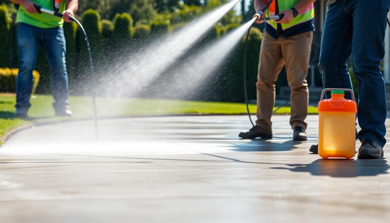 Driveway pressure wash service in action, showcasing professional cleaning equipment and restored concrete.