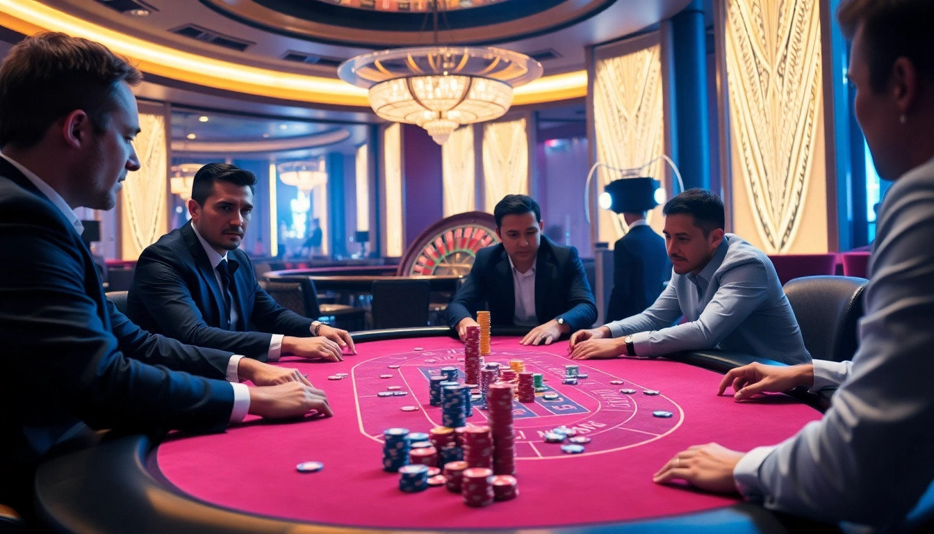 RR88 poker players engaged in high-stakes action at a luxurious casino table.