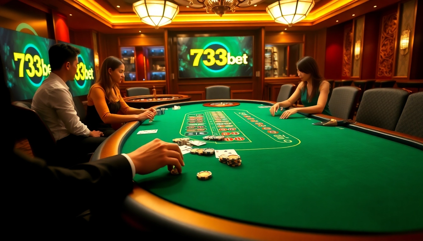 Players enjoying a thrilling game of blackjack at 733bet's luxurious casino table.