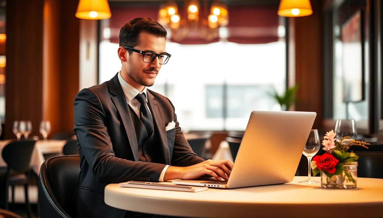 Headhunter Gastronomie kommuniziert professionell in einem Restaurant mit einem Laptop.