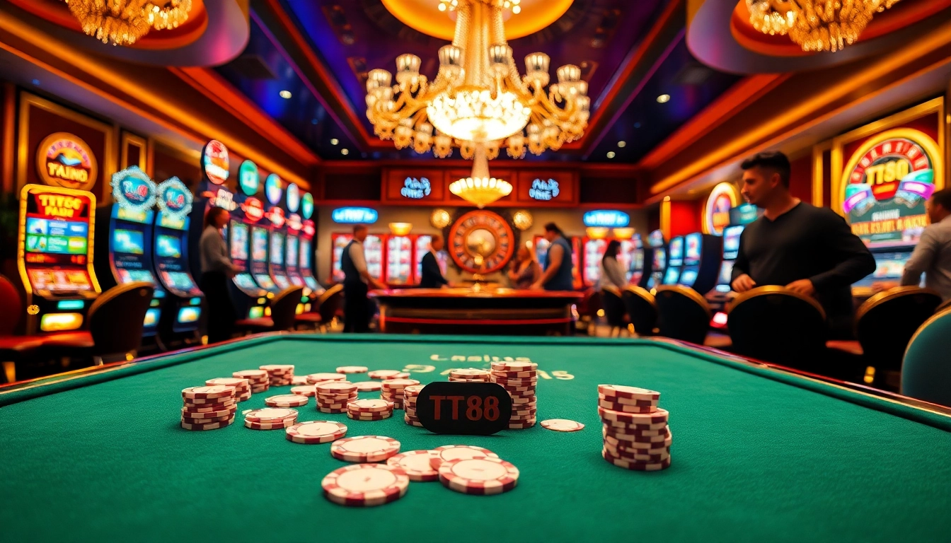 Experience the thrill of gambling at TT88 with vibrant poker chips and slot machines in a luxurious casino setting.
