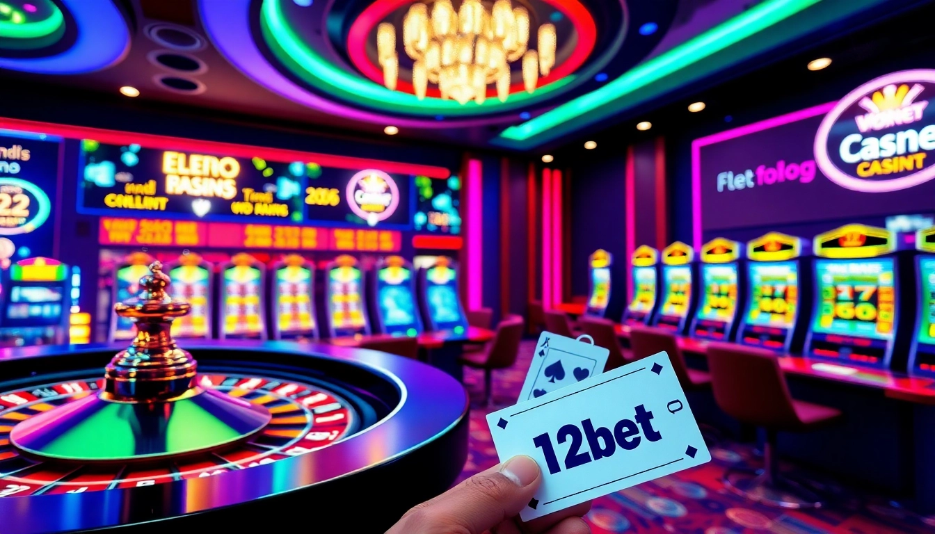 Experience the excitement of link 12bet with vibrant casino visuals featuring slot machines and poker chips.