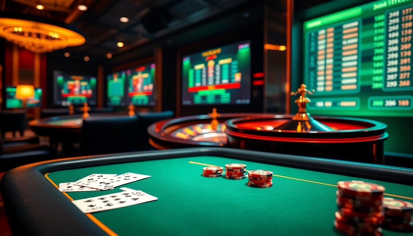 Experience the excitement of soibet ไทย with a luxurious casino scene showcasing elegant poker tables and roulette wheels.