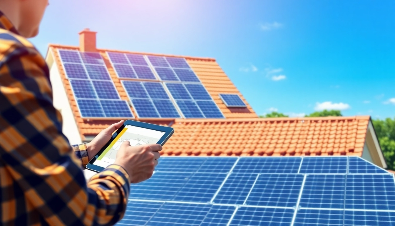 Photovoltaik Dachplanung mit einem Designer, der digitale Pläne auf einem Tablet erstellt.