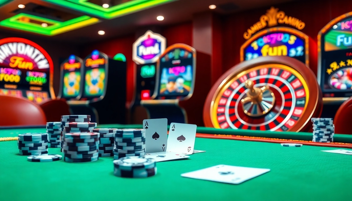 Experience the excitement of fun79 at a luxury casino table, with vibrant poker chips and a roulette wheel.