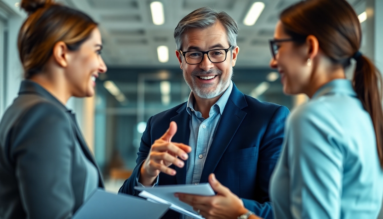 Headhunter interacting with candidates in a modern office environment, showcasing engagement.