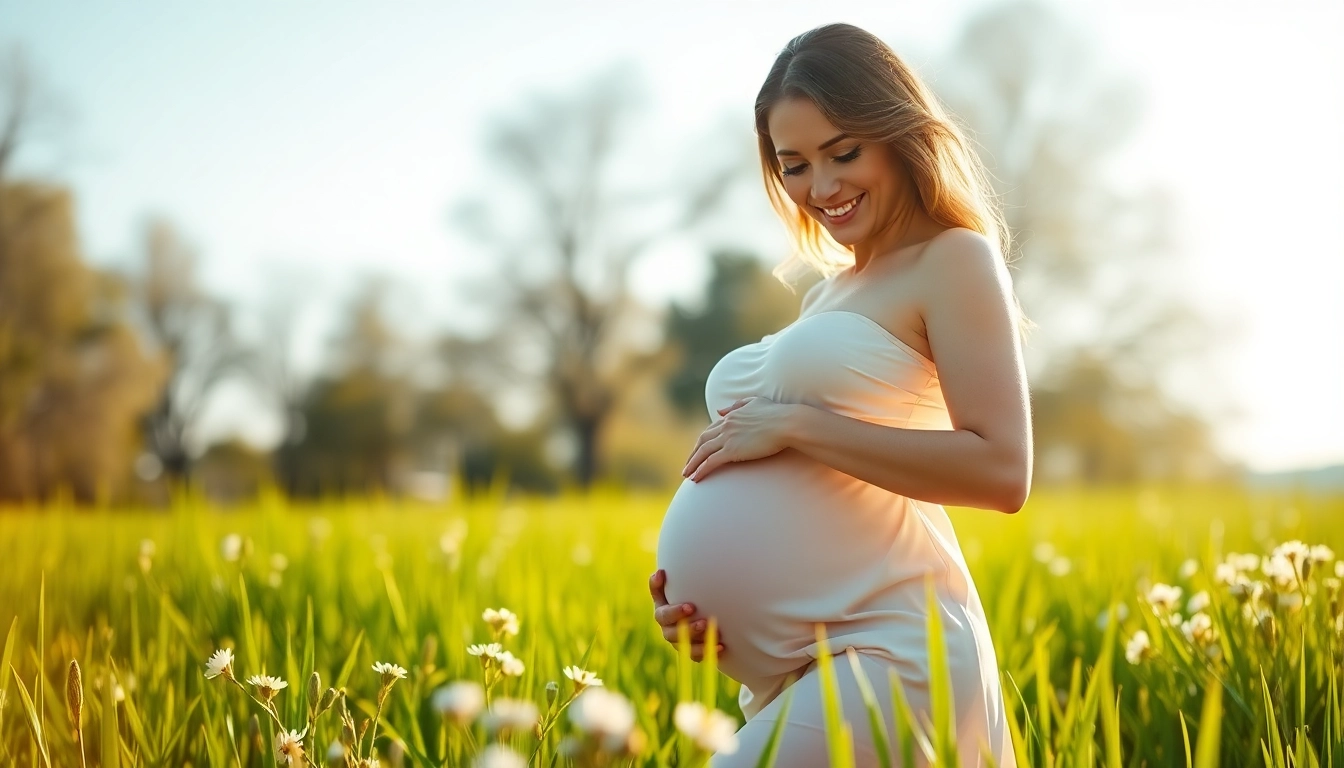 Babybauch Fotoshooting einer schwangeren Frau in einem ruhigen Outdoor-Setting.