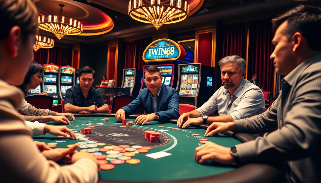 Exciting gambling scene at IWIN68 with a luxury poker table and colorful chips.