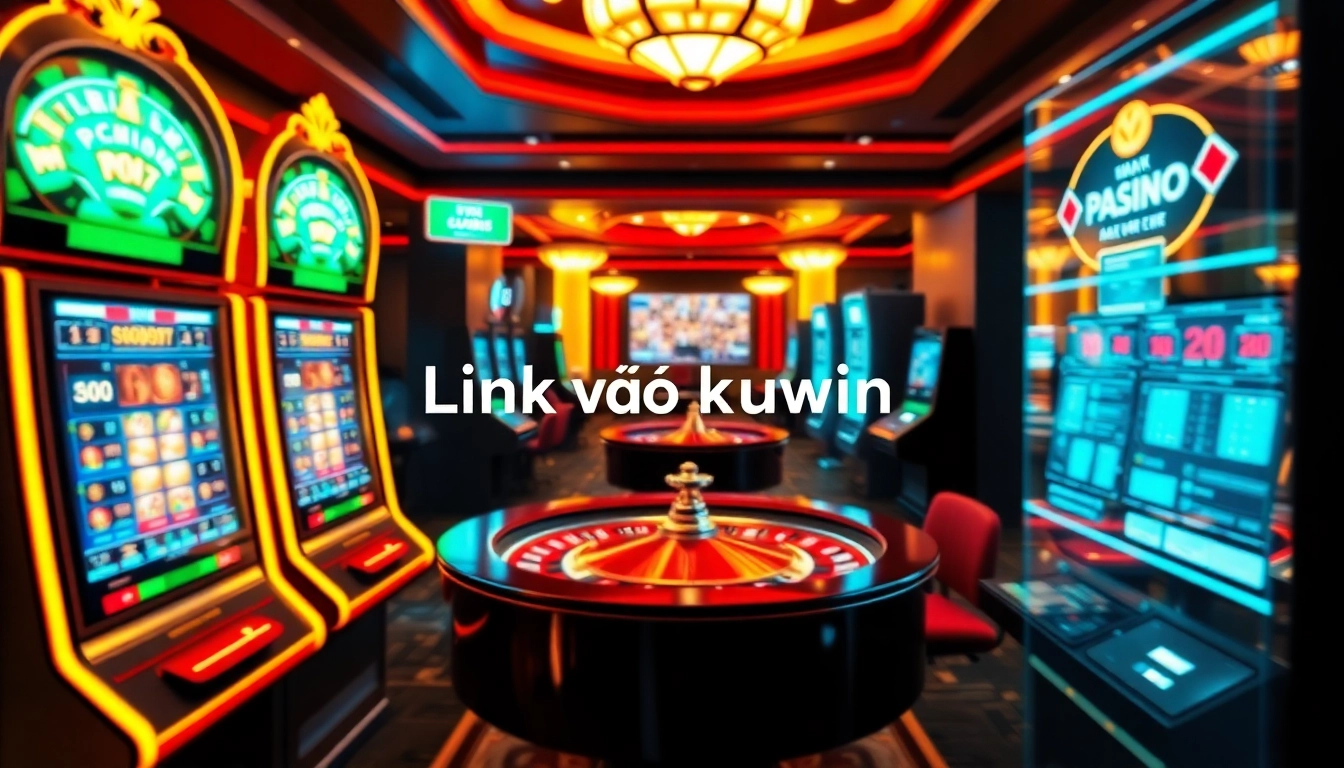 Experience thrilling online gambling with the Link vào kuwin, featuring slot machines, poker chips, and roulette wheels.