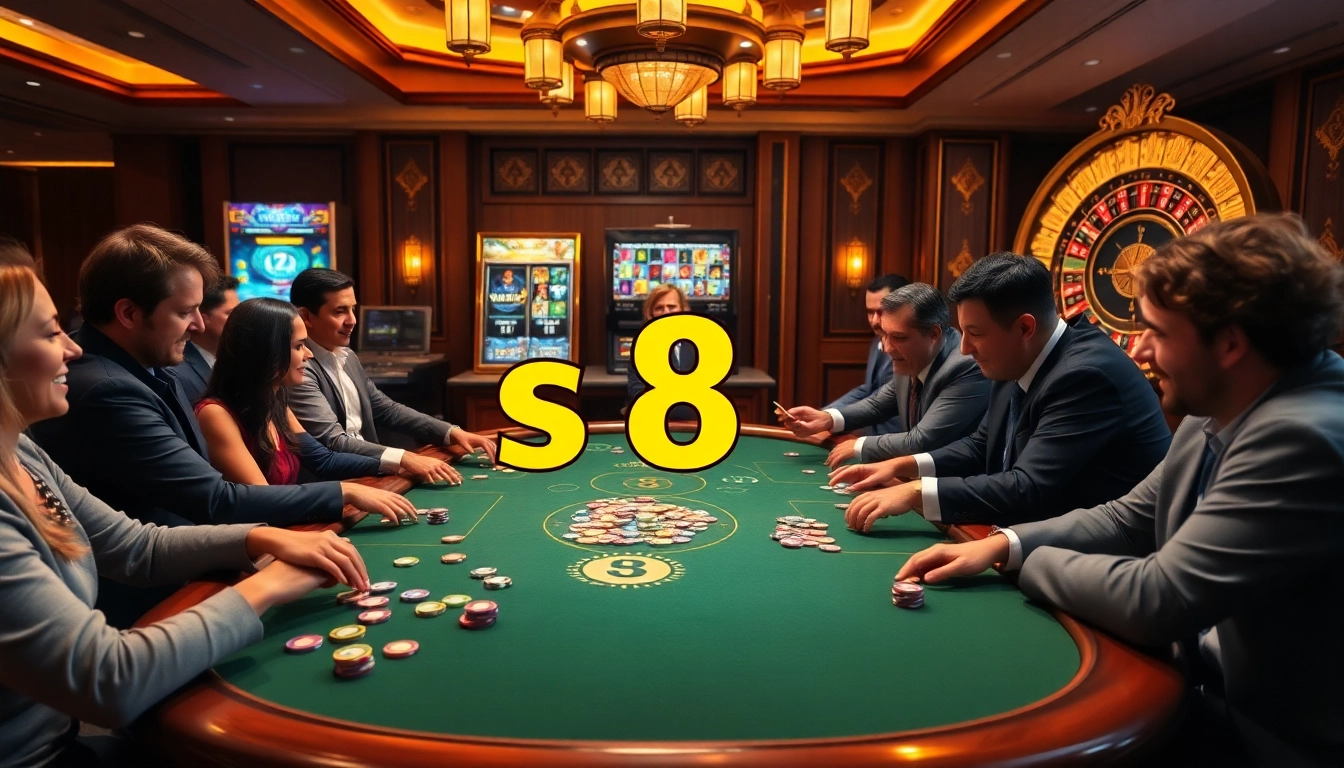 Exciting casino atmosphere with poker action, showcasing s 8 gaming elements for high-stakes thrill.