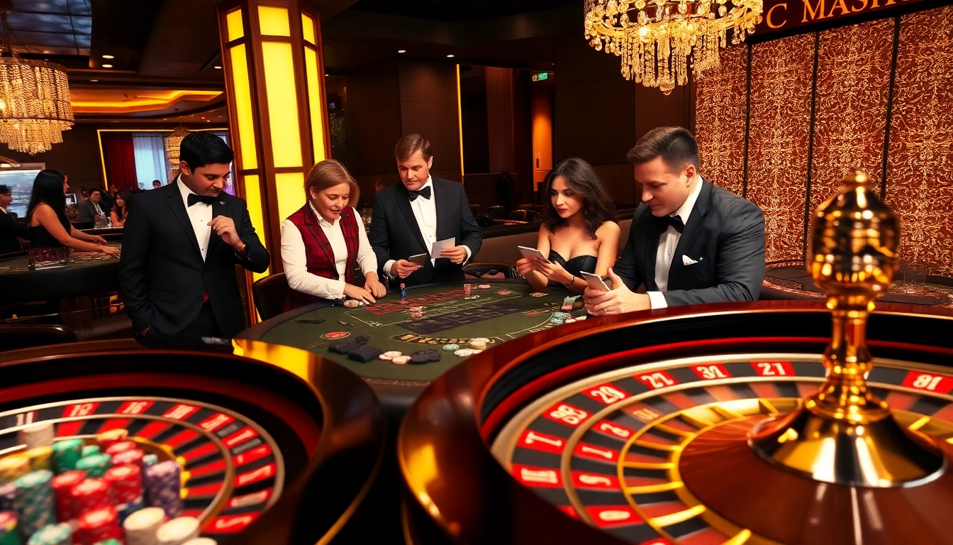 Engaged players at Casino Five88 enjoy blackjack and roulette in a luxurious setting.