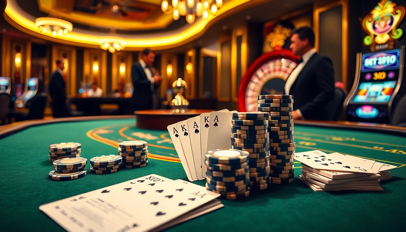 A vibrant poker scene at a casino featuring stacked chips and cards, showcasing daga in the excitement of high-stakes gambling.