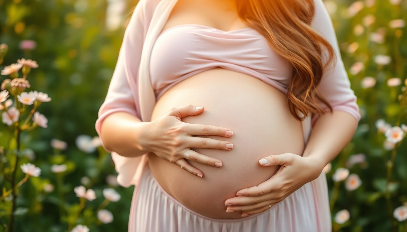 Babybauch Fotoshooting einer schwangeren Frau im Freien mit sanfter Beleuchtung und pastellfarbenem Hintergrund.