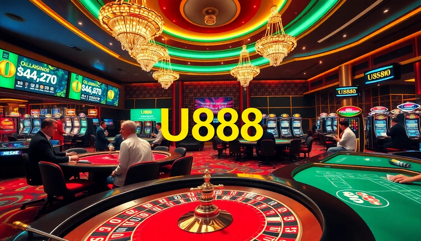 U888 casino scene featuring vibrant tables, excited players, and thrilling games.
