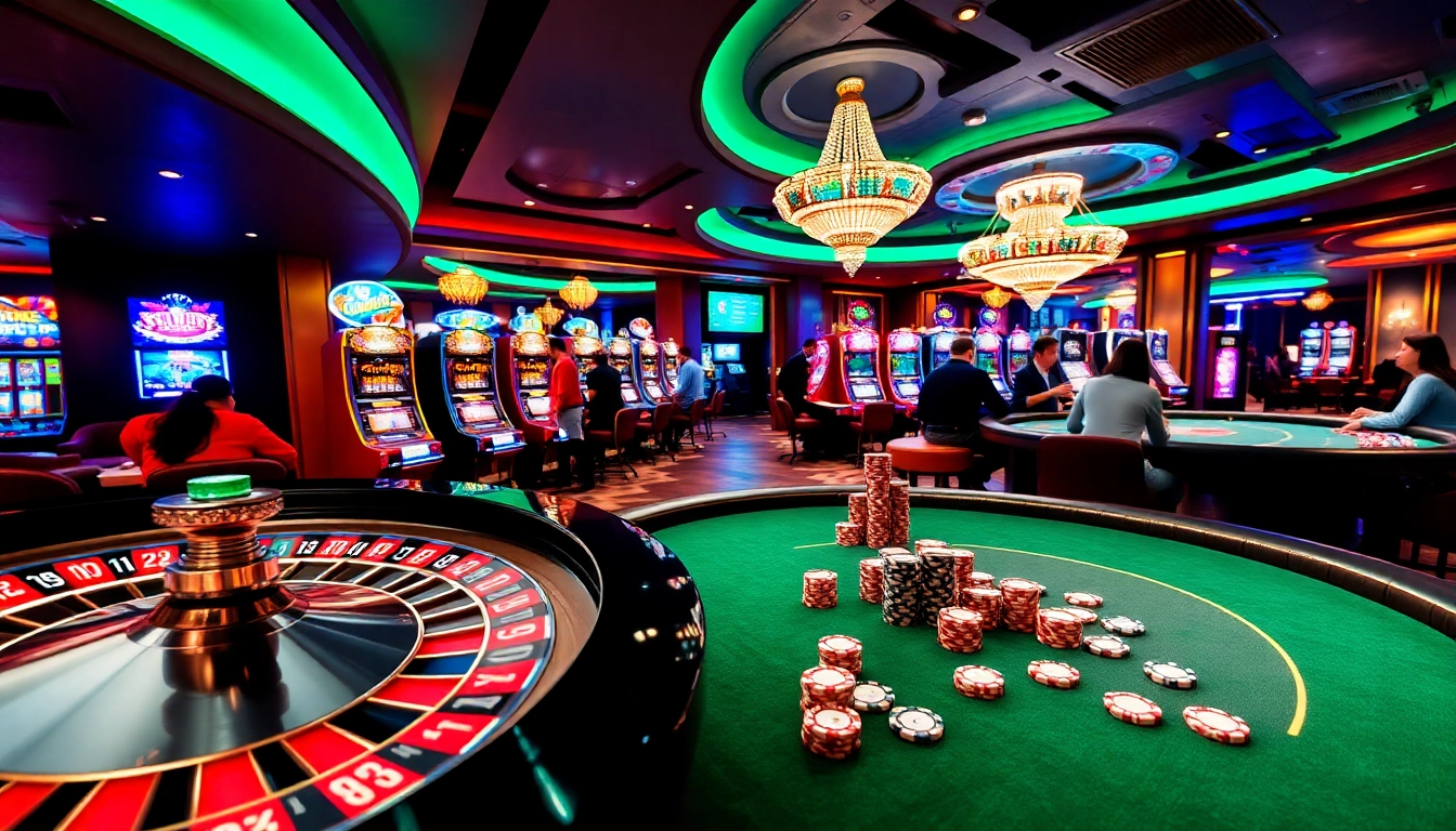 Experience the thrill of gambling at https://99ok.co.im/ with a lively casino scene featuring poker tables and slot machines.