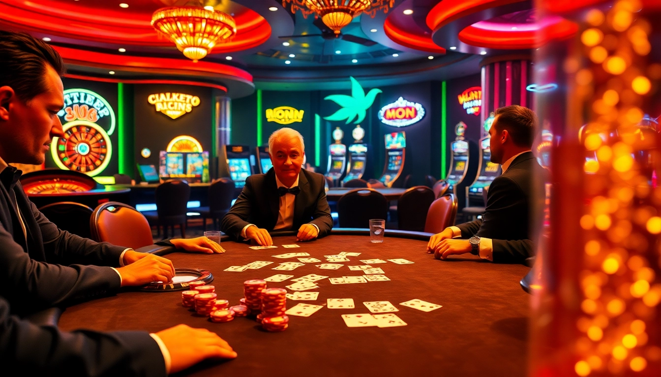Exciting high-stakes poker game at IWIN68 with vibrant casino elements.