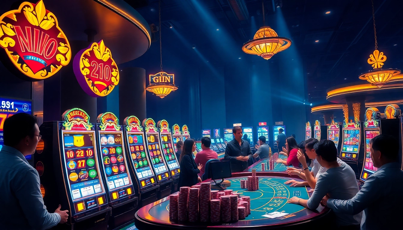 Players excitedly engage in a nổ hũ game at a glamorous virtual casino.