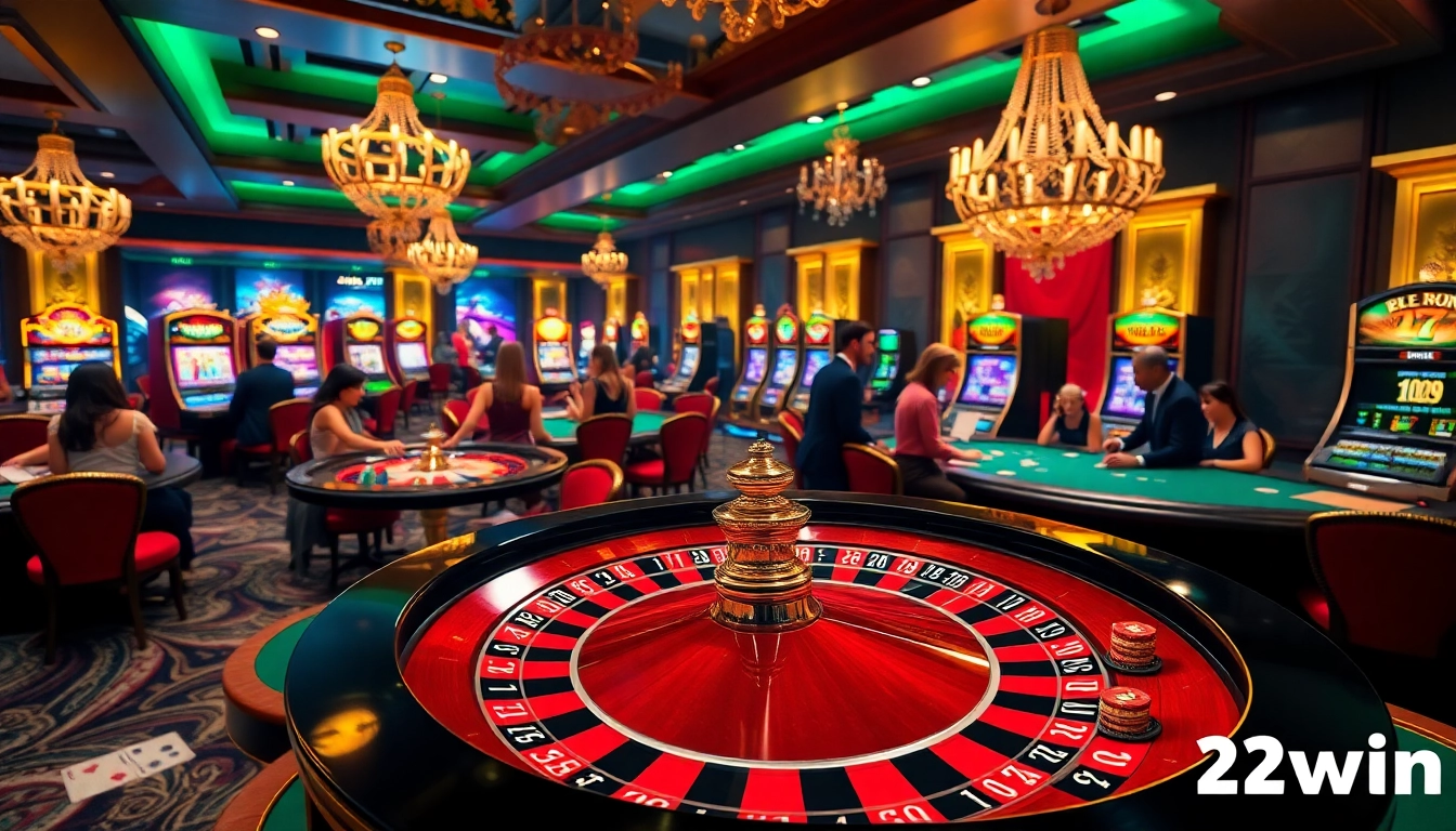 Experience the thrill of 23win at a luxurious casino with vibrant games and excited players.