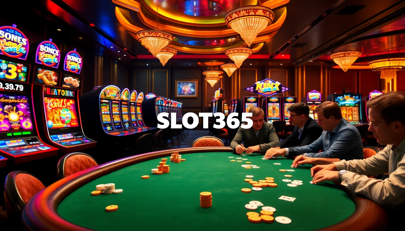 SLOT365 gaming experience with vibrant slot machines and engaging poker tables in a luxurious casino atmosphere.