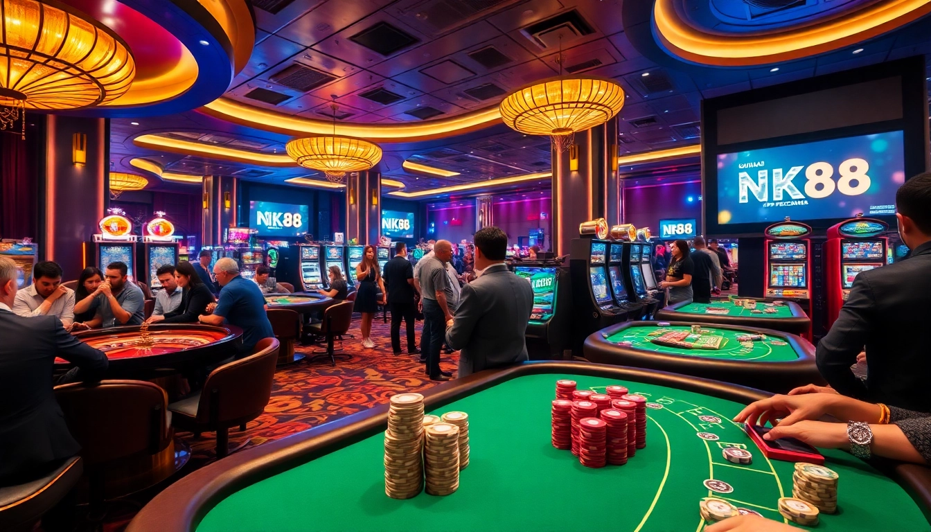 Players immersed in thrilling games at NK88 casino, featuring roulette and slot machines.
