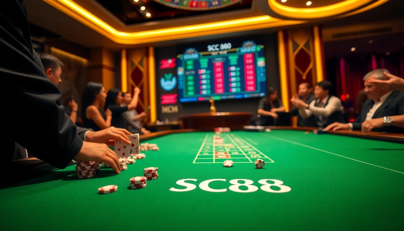 Experience the excitement of SC88 Trang Chủ with vibrant casino scenes filled with poker chips and betting action.