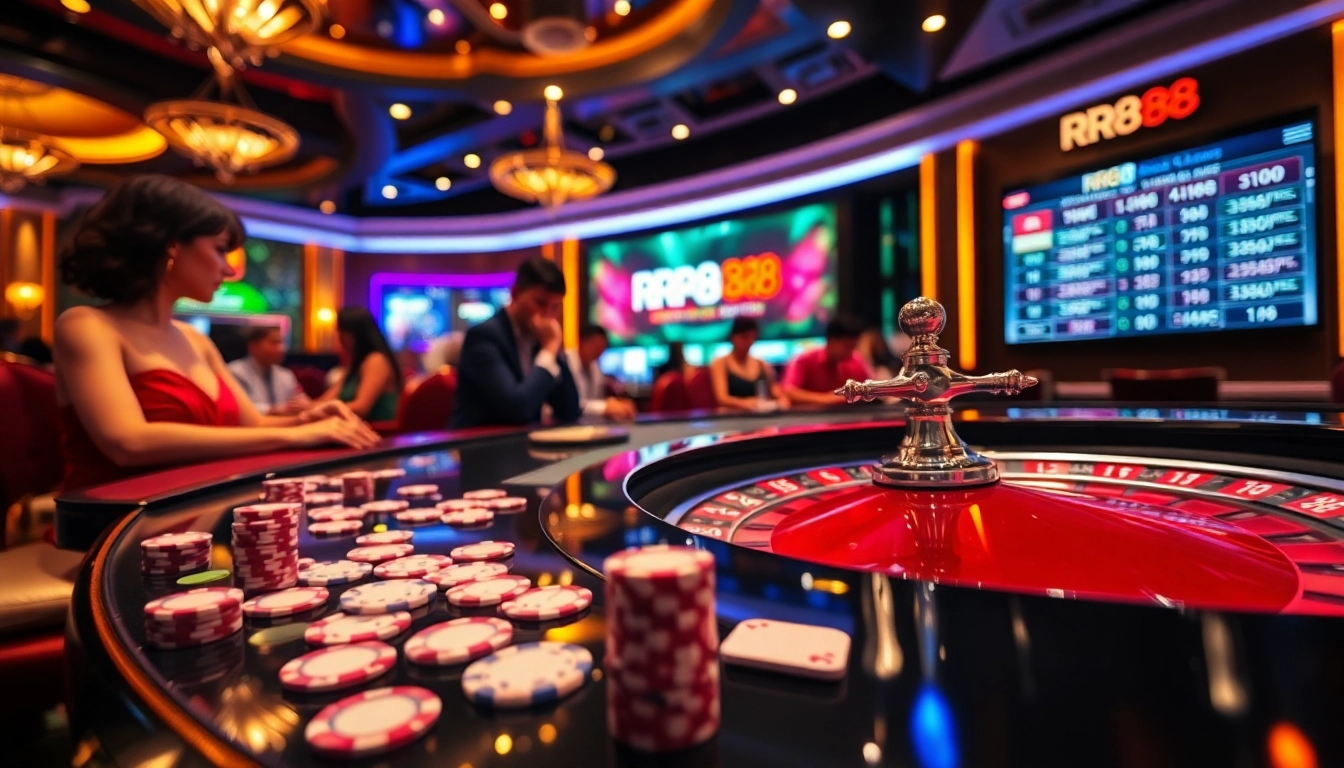 RR88 players thrilled at a luxurious gambling table with vibrant casino elements.