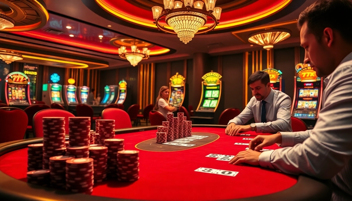 Experience a thrilling poker game at 777X, with players and high-stake chips in an elegant setting.