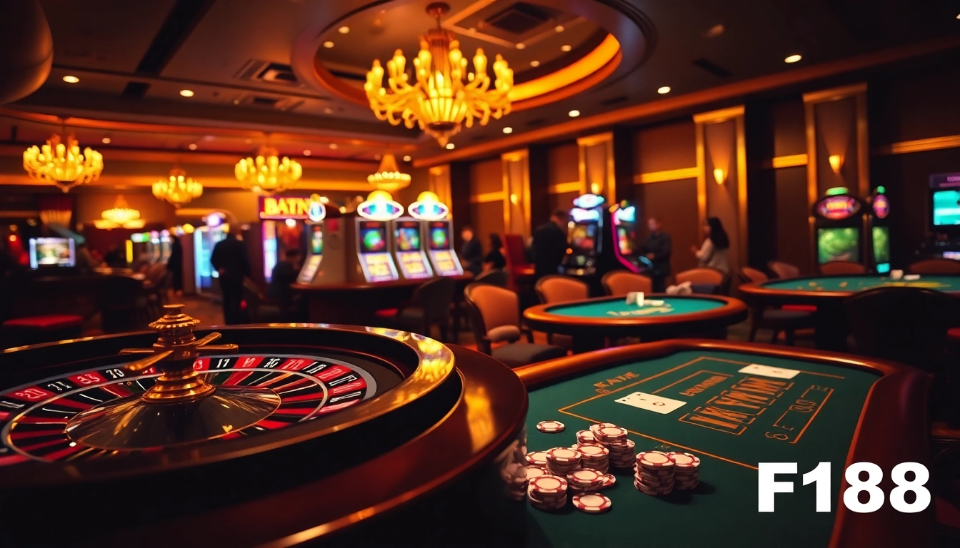 Experience the excitement of F168 with vibrant casino games, poker tables, and roulette wheels.
