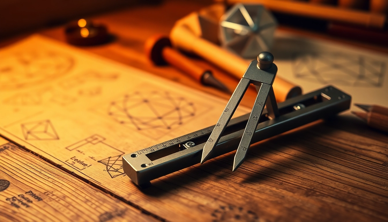 Winkel und Zirkel auf einem Holz-Zeichenbrett, das Geometriewerkzeuge zeigt.