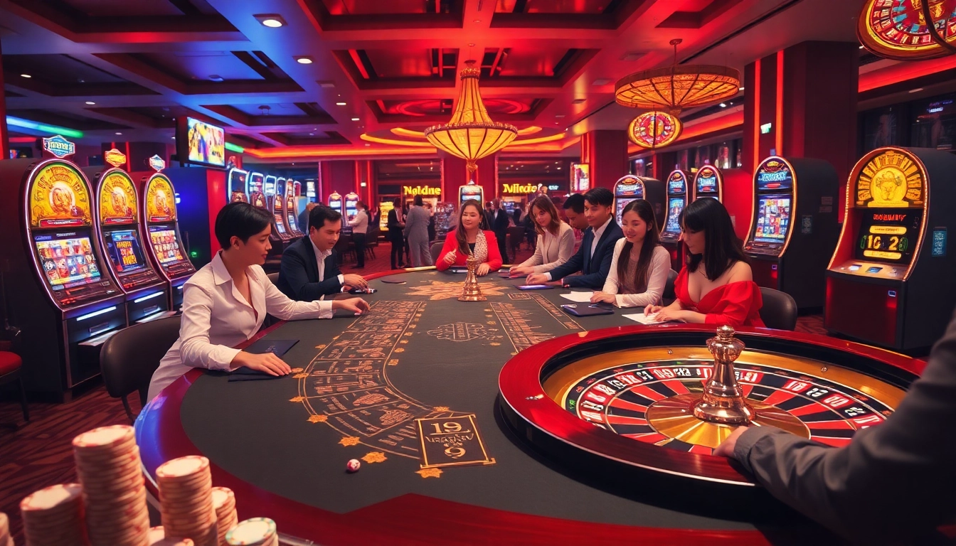 NHAIVIP casino scene with vibrant poker games, roulette wheels, and engaging players.