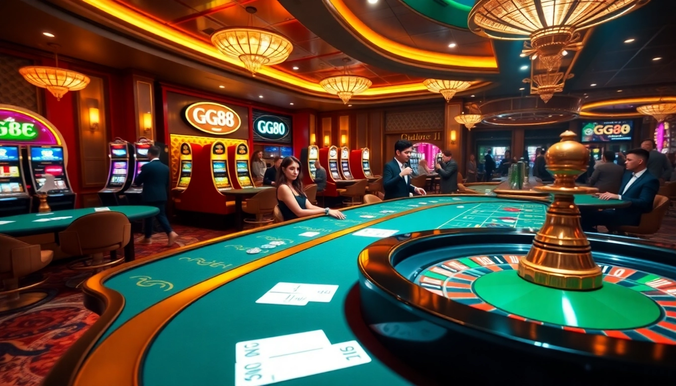 Players engaging in thrilling games at GG88 casino, showcasing excitement and luxury.