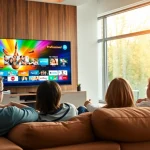 IPTV TV Anbieter setup in a cozy living space, showing a family enjoying streaming content.