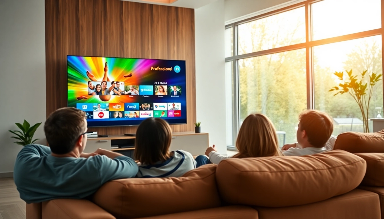 IPTV TV Anbieter setup in a cozy living space, showing a family enjoying streaming content.