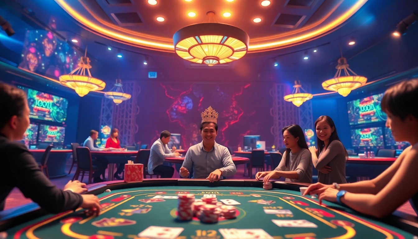 Exciting scene of gam bai doi thuong online card games featuring vibrant 3D graphics and digital players engaged in action.