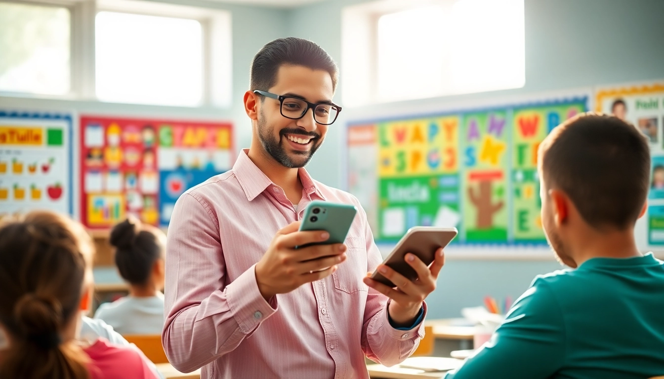 Handytasche Lehrer zeigt eine Lehrerin, die mit Smartphone im Klassenzimmer interagiert.