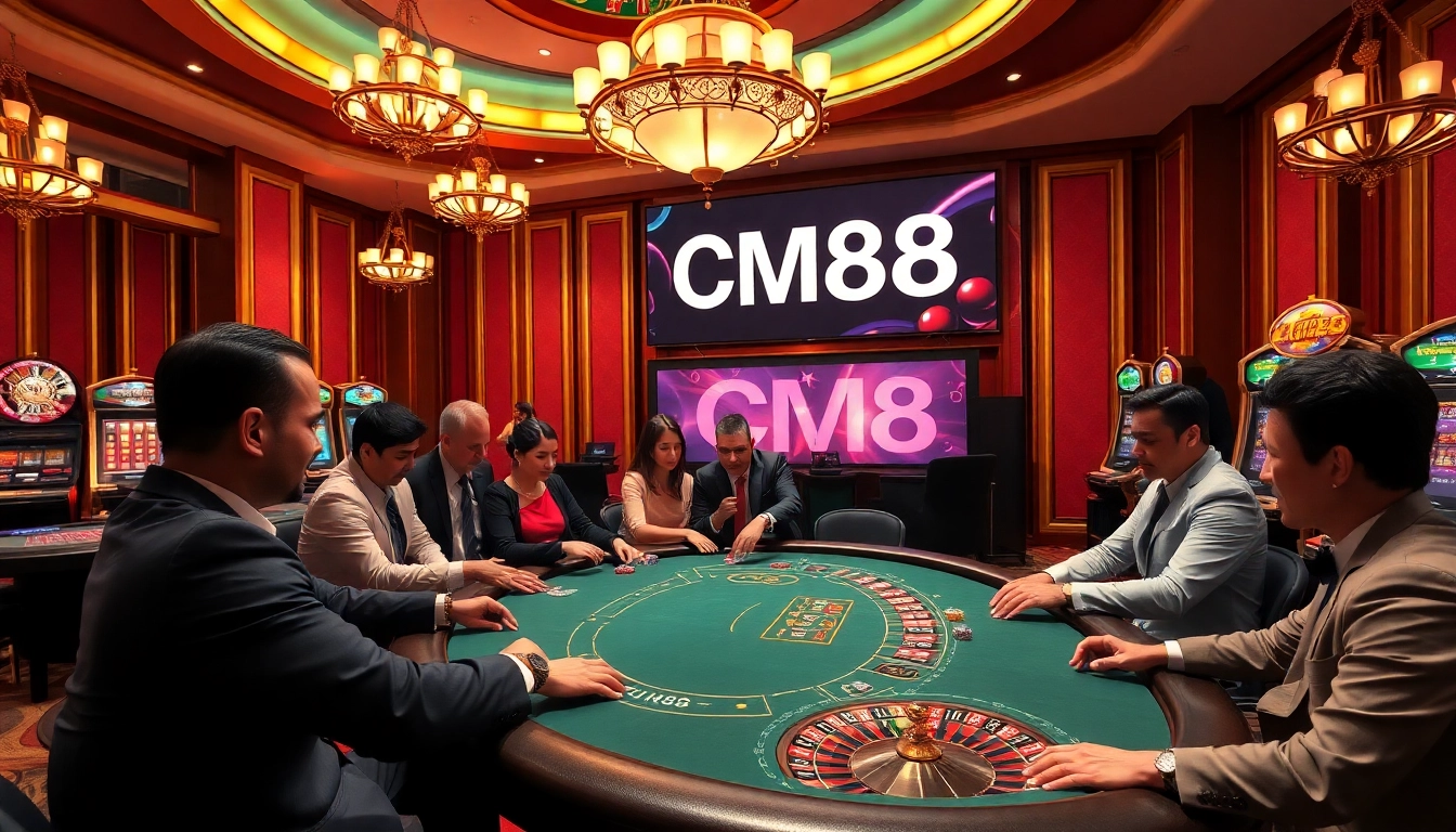 High-stakes poker action with CM88 players in a luxurious casino setting.