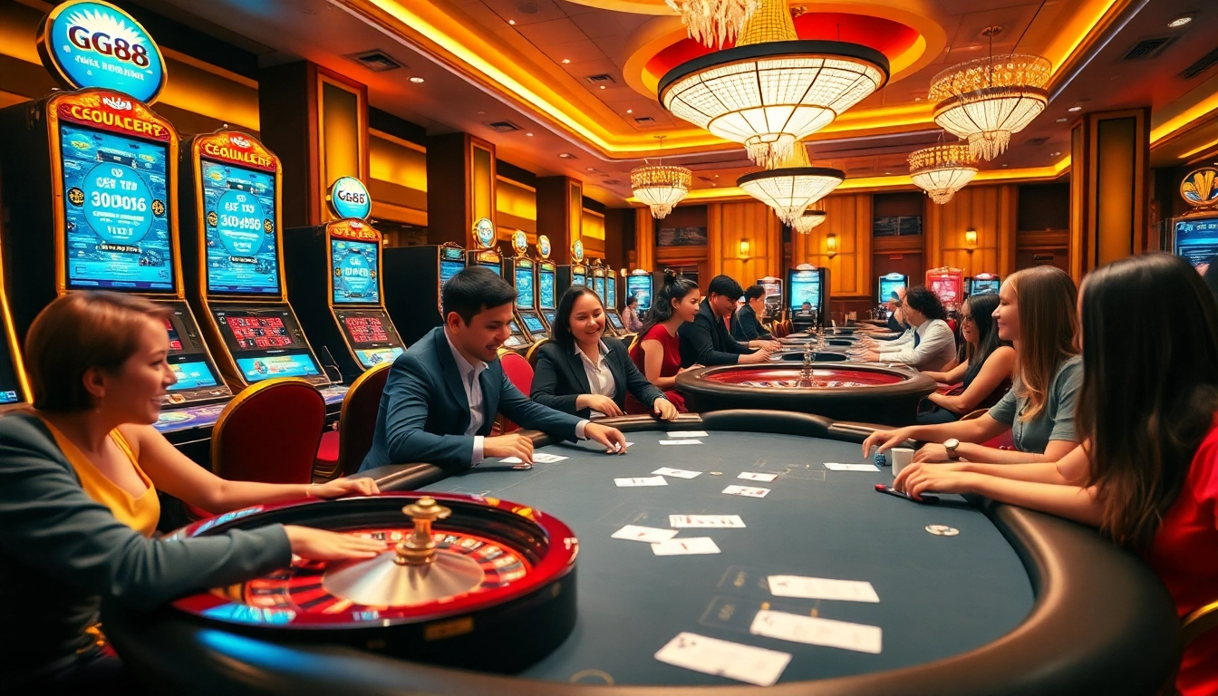 Excited players enjoying a lavish casino atmosphere at GG88 with slot machines, poker tables, and roulette wheels.