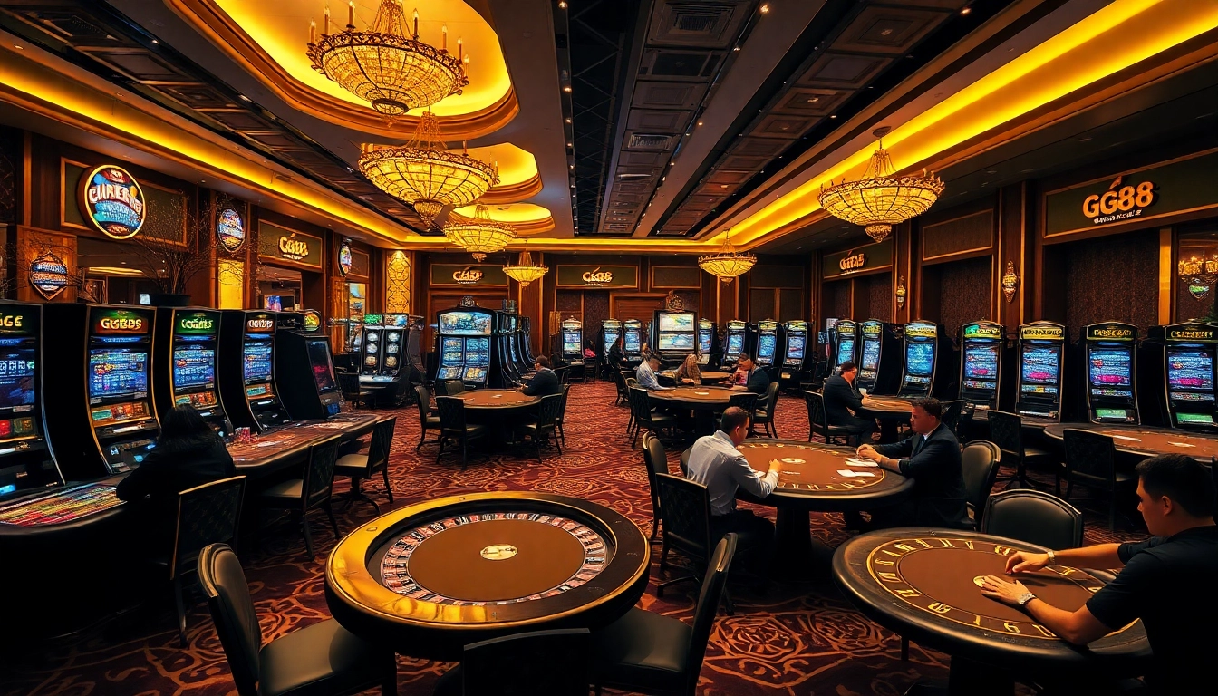 Engaging players at GG88's vibrant casino, showcasing tables and slot machines in an elegant setting.