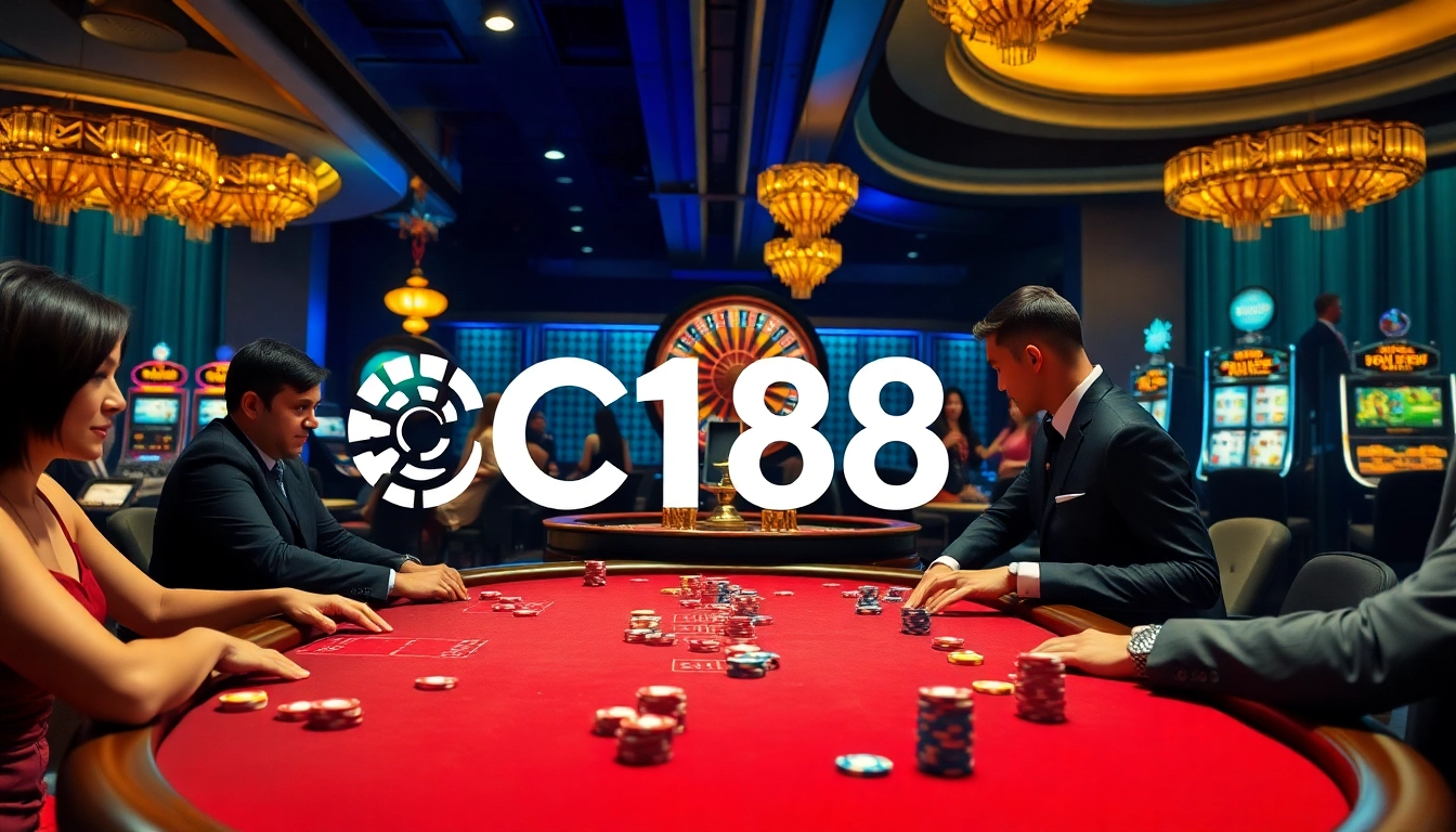 C168 casino scene featuring a poker table and roulette wheel with vibrant colors and professional atmosphere.