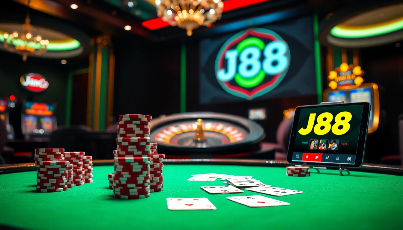 Engage in thrilling gameplay at J88 casino with vibrant poker chips and cards.