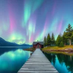 Erleben Sie einen Skandinavien-Urlaub mit einem atemberaubenden Blick auf die Nordlichter über einem ruhigen Fjord.